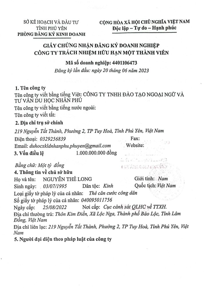 giấy phép kinh doanh công ty tư vấn du học Nhân Phú