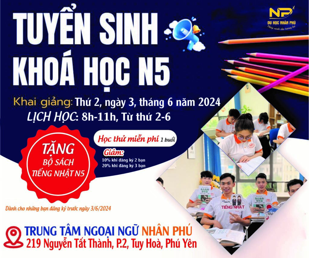 Du học Nhân Phú thông báo khai giảng lớp tiếng Nhật giao tiếp N5